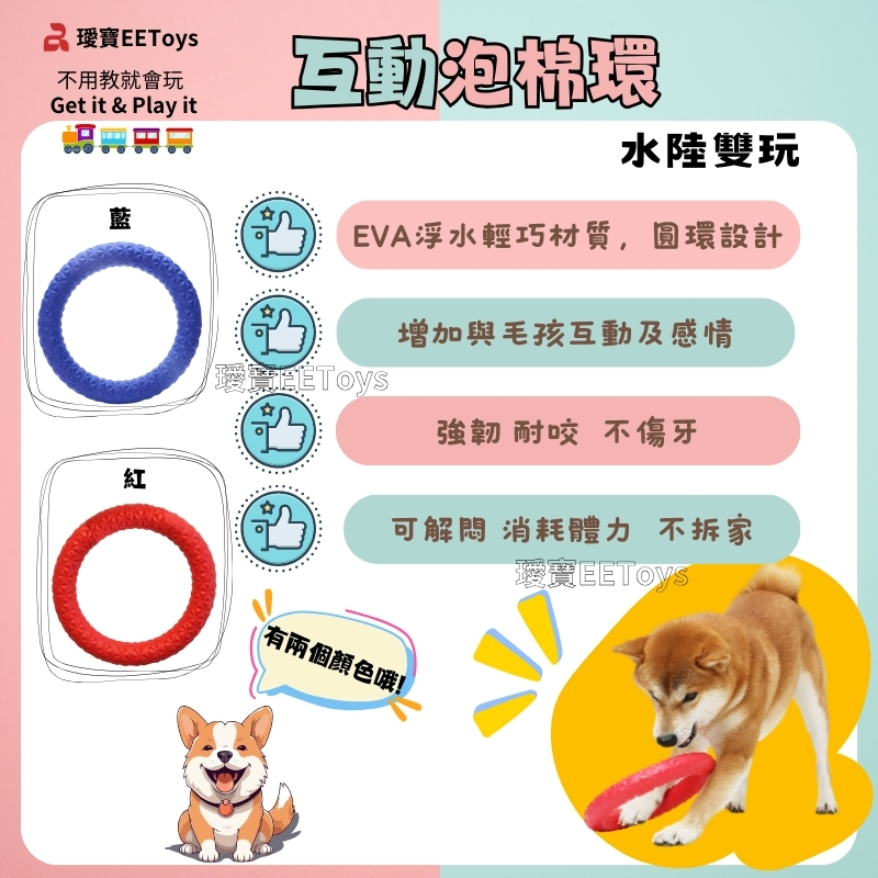 不用教就會玩Get it & Play it互動泡棉藍紅水陸雙玩EVA浮水輕巧材質,圓環設計增加與毛孩互動及感情環EEToys強韌 耐咬 不傷牙可 消耗體力 不家寶有兩個顏色哦!