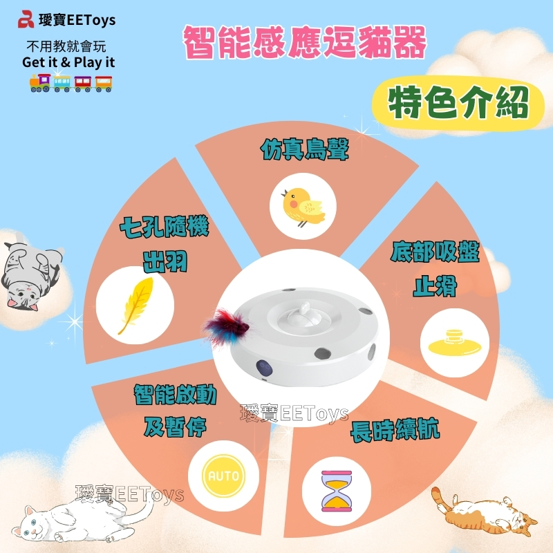 寶不用教就會玩Get it & Play it智能感應逗貓器七孔仿真特色介紹吸聲止滑智能啟動及暂停長 (AUTO)EEToys